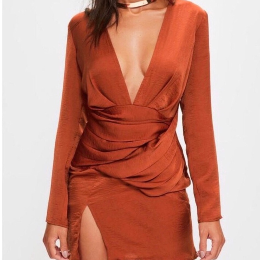 Missguided burnt orange satin dress w/ slit!